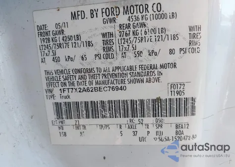2011 Ford F-250 Xl from USA, damaged, VIN 1FT7X2A62BEC76940